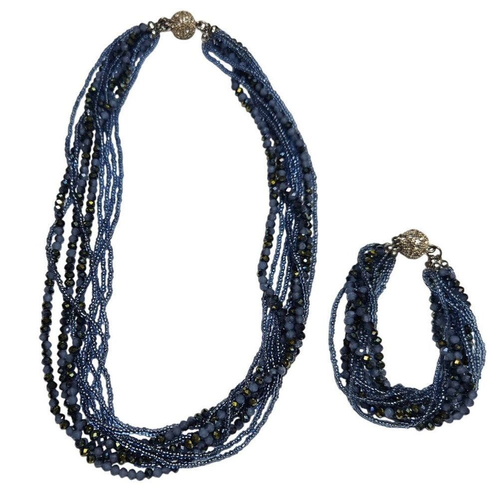 Multi-Strand Navy Beaded Necklace and Bracelet Set
